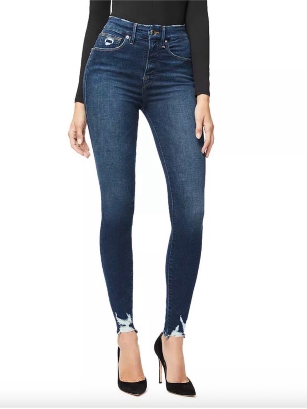 8/28 Good American Good Waist High-Rise Stretchy Dark Skinny Jeans w/ Chewed Hem